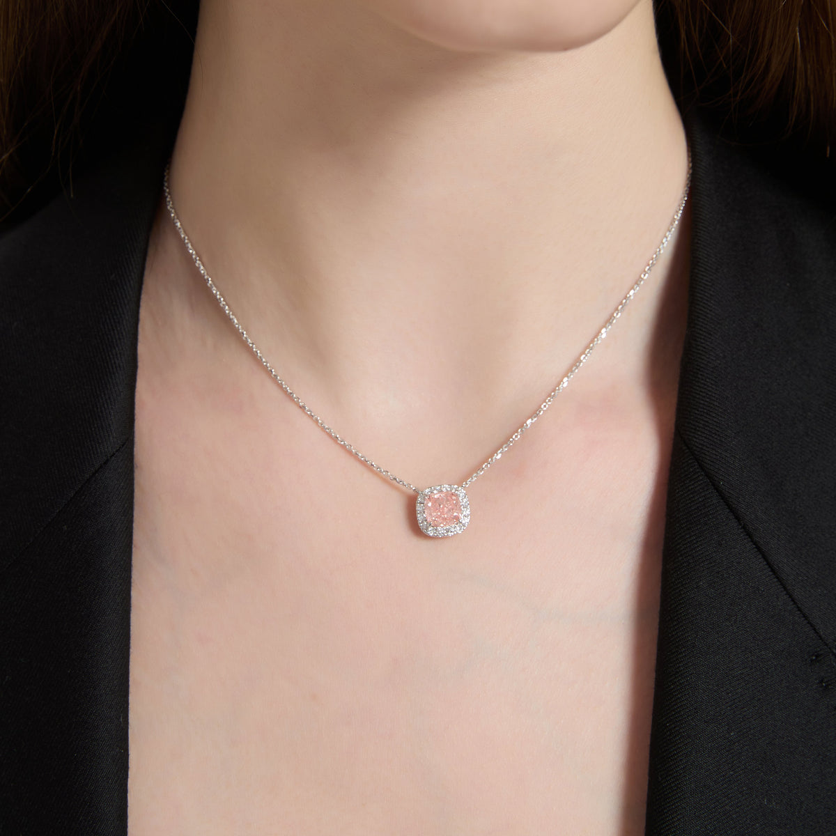 Soi Halo Square Cushion-Cut Pink Diamond Necklace