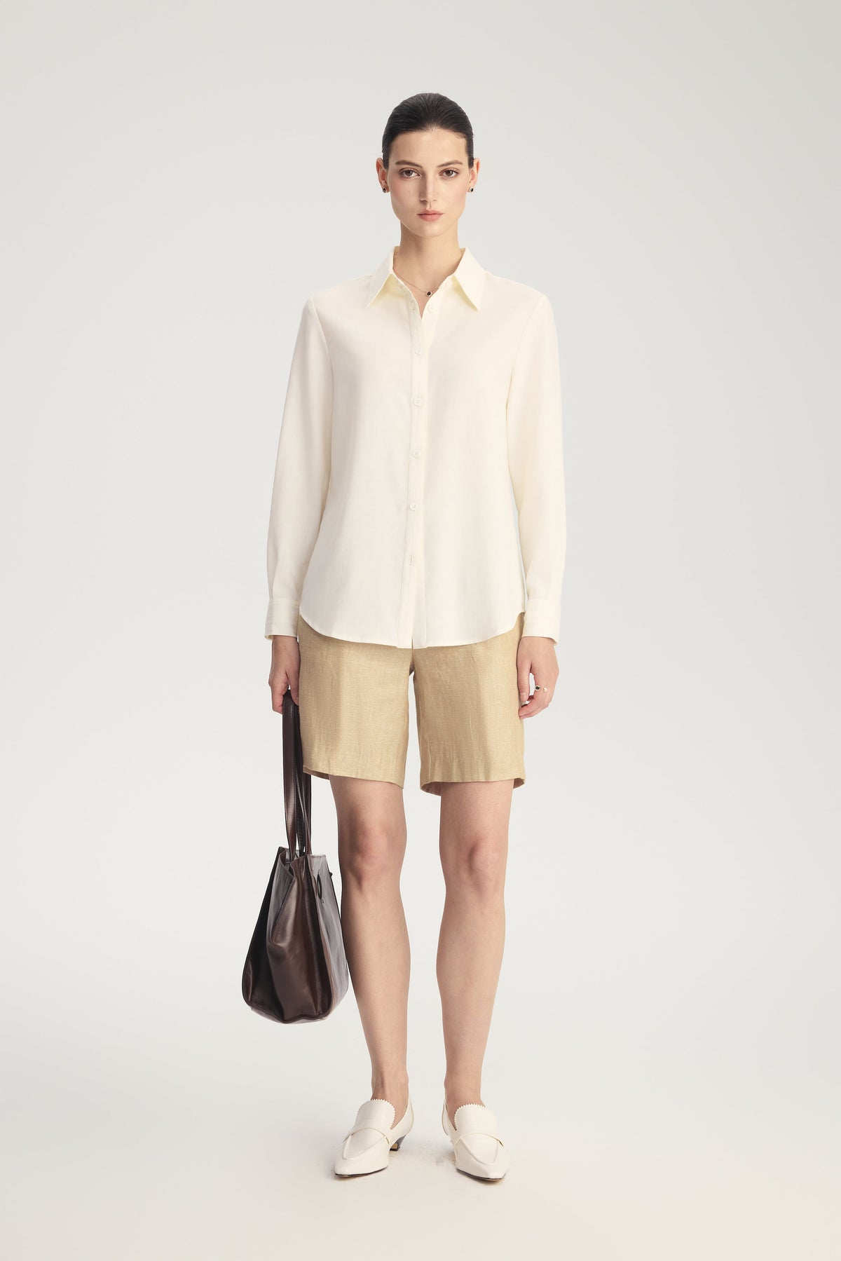 MIRA Wool Silk Linen Shirt in Ivory White – side view