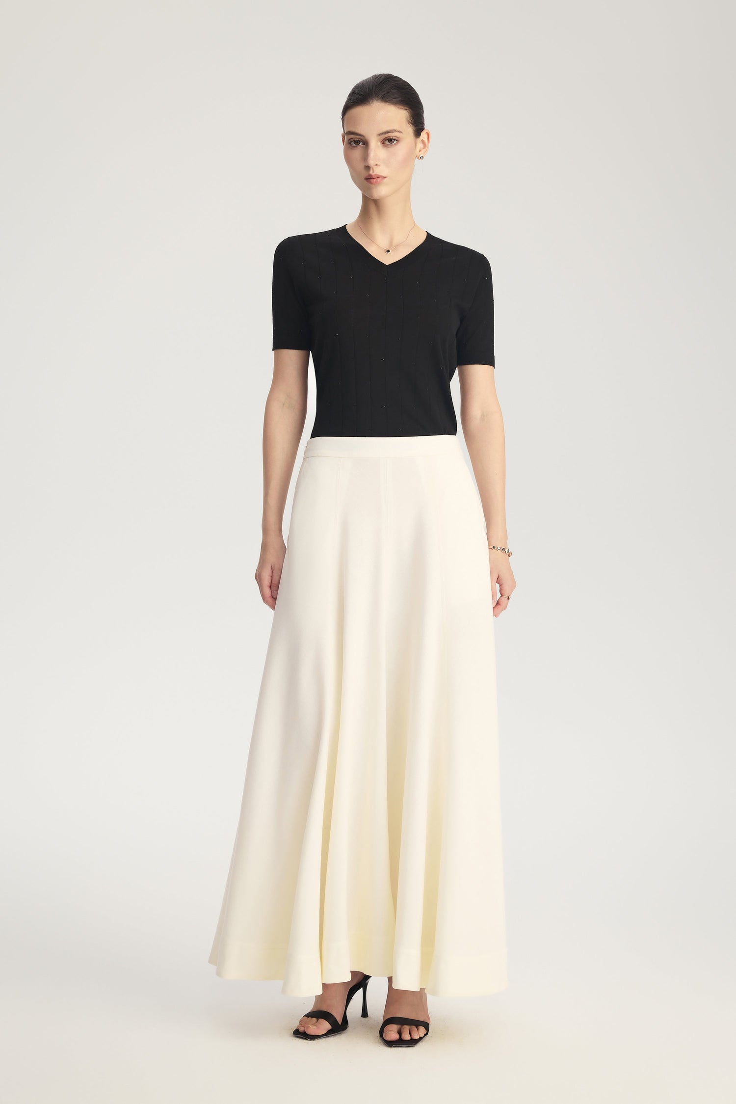 MIRA Wool Silk Linen Bias-Cut Long Skirt in Ivory White – front view