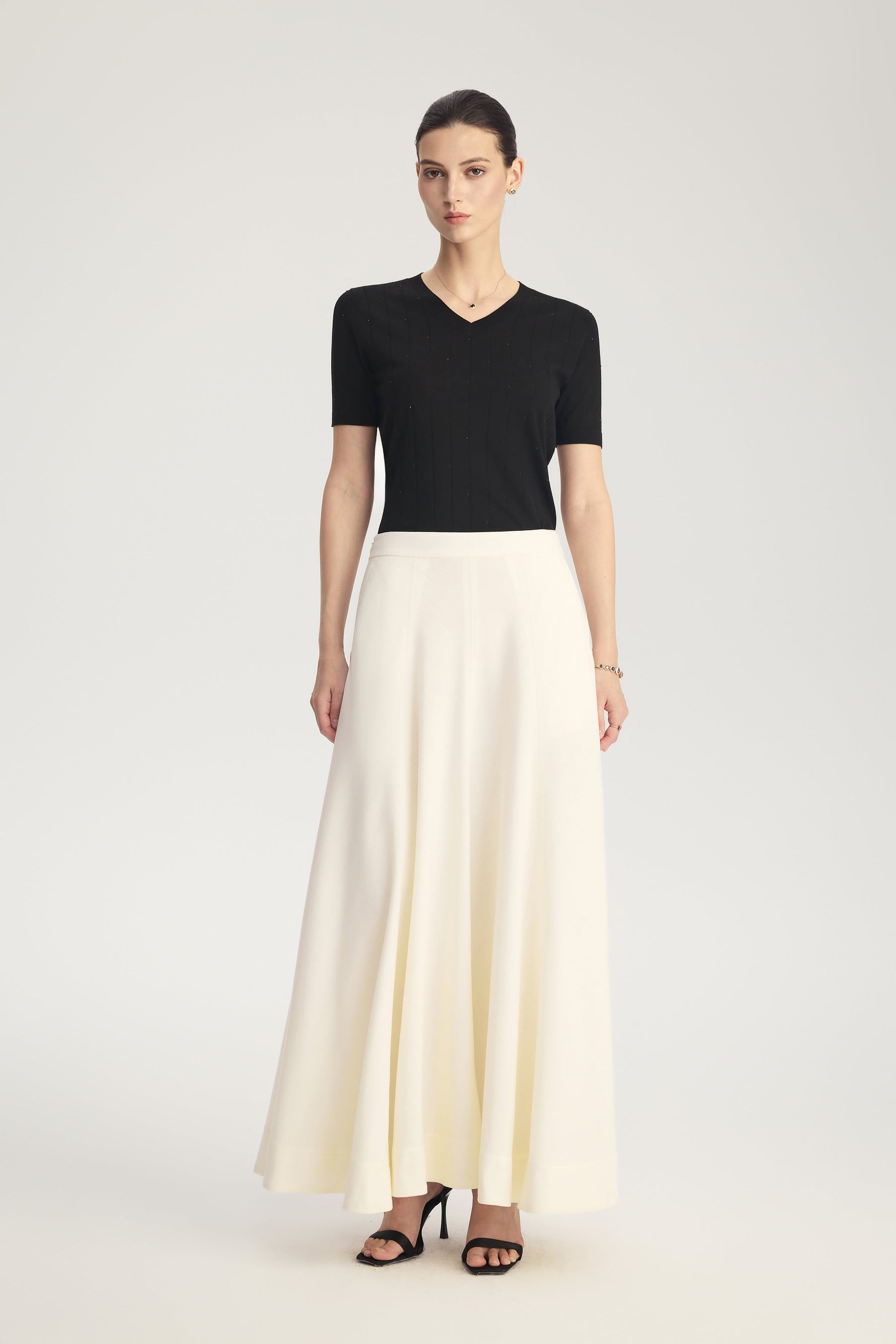 MIRA Wool Silk Linen Bias-Cut Long Skirt in Ivory White – front view