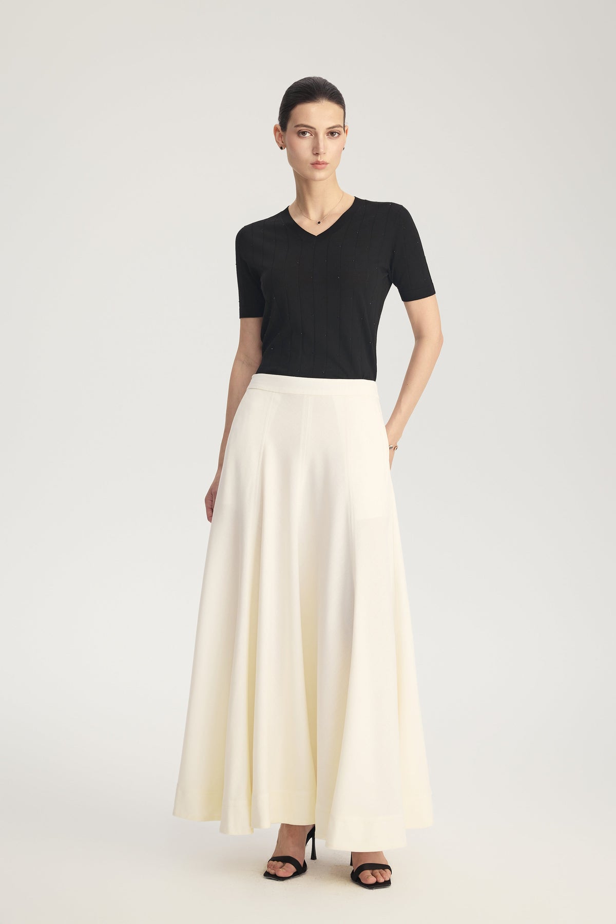 MIRA Wool Silk Linen Bias-Cut Long Skirt in Ivory White – side view