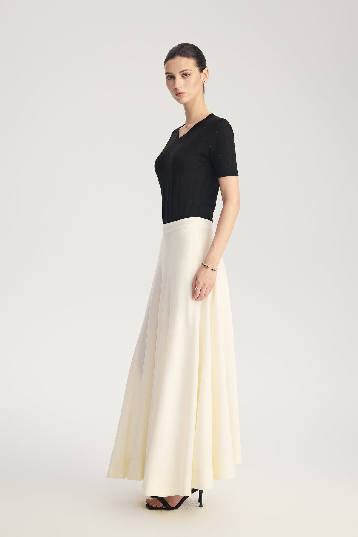 MIRA Wool Silk Linen Bias-Cut Long Skirt in Ivory White – back view