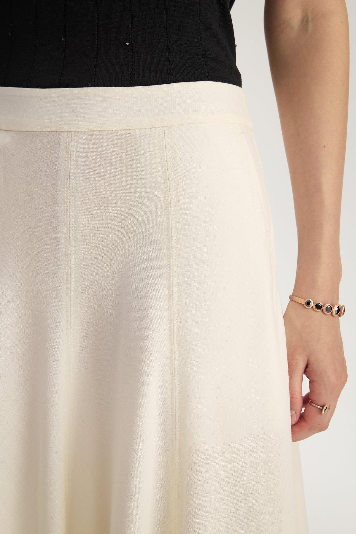 MIRA Wool Silk Linen Bias-Cut Long Skirt in Ivory White – styling view