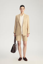 MIRA Metallic Linen Double-Breasted Blazer in Desert Titanium – front view