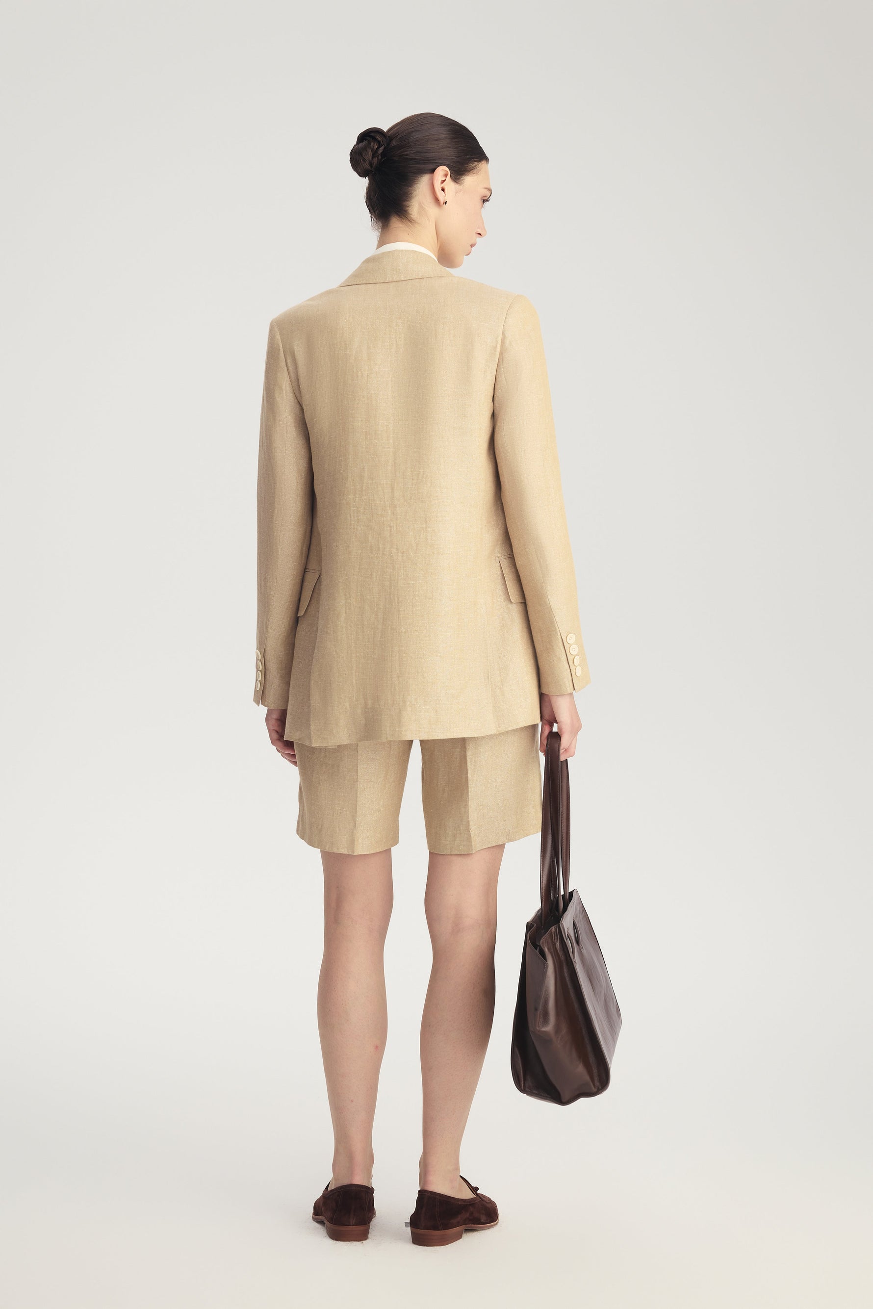 MIRA Metallic Linen Double-Breasted Blazer in Desert Titanium – view 3