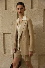 MIRA Metallic Linen Double-Breasted Blazer in Desert Titanium – view 12